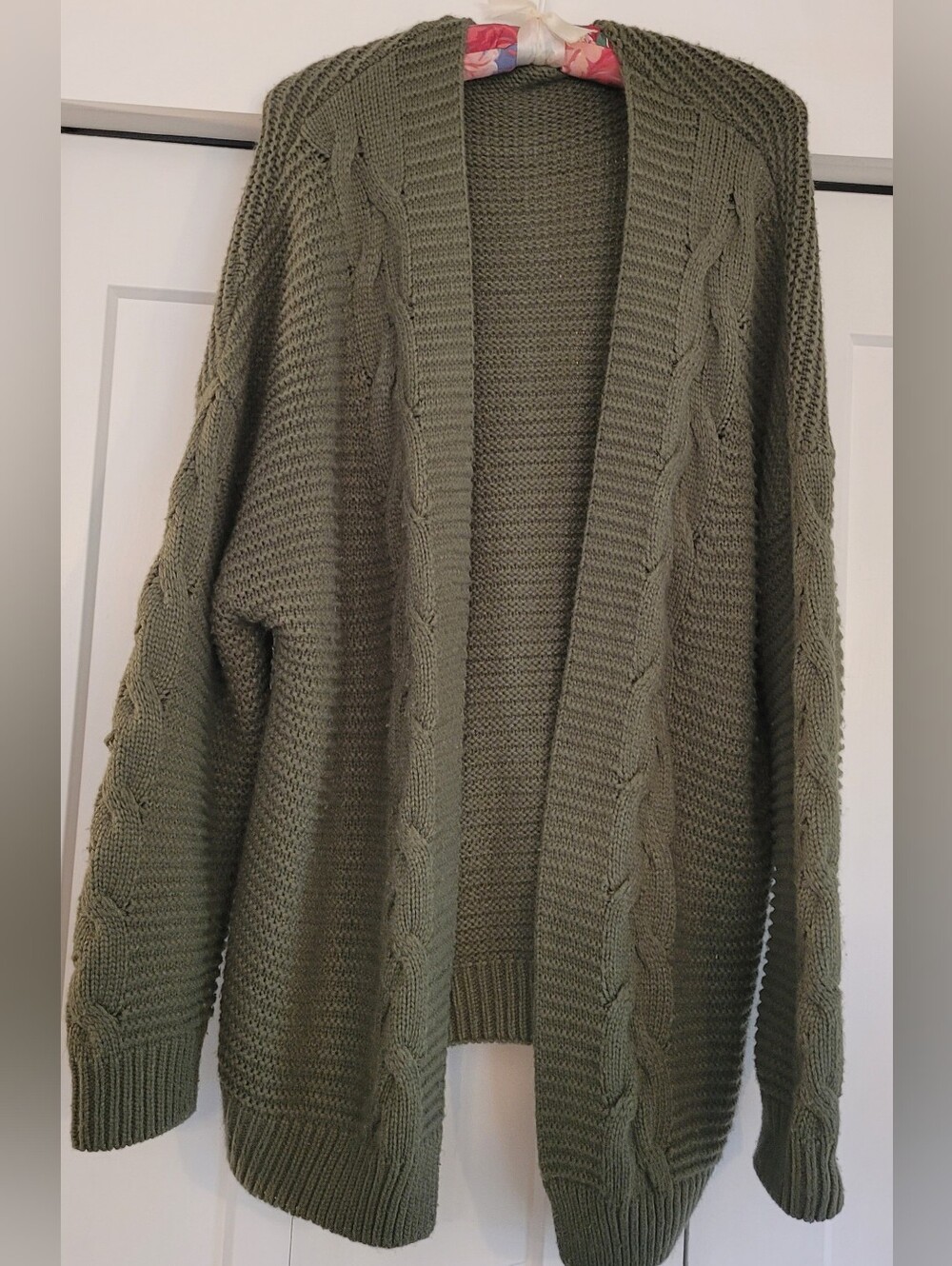Olive Green Cable Knit Open Cardigan Sweater